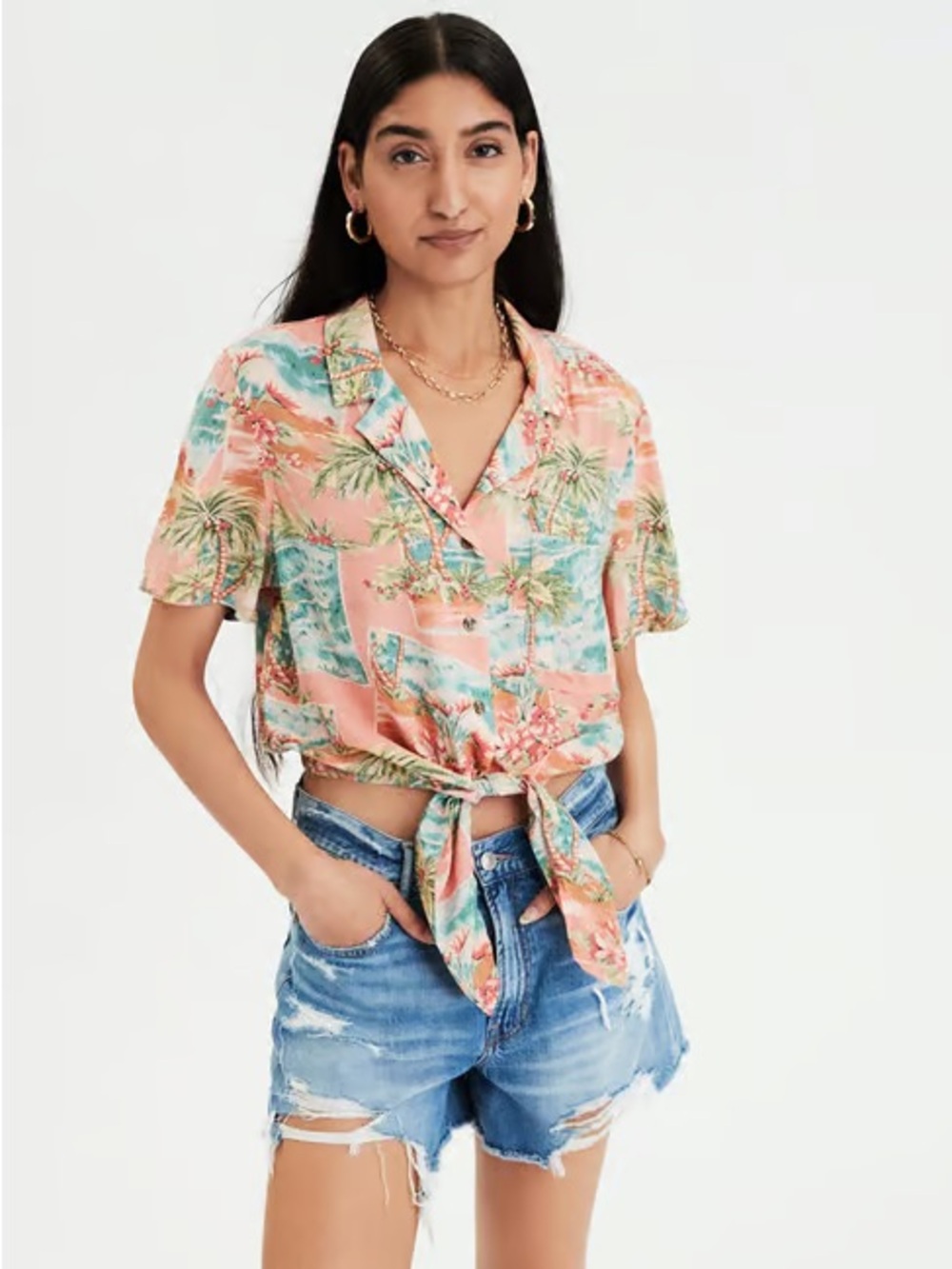 AE Tropical Tie-Front Short Sleeve Shirt - Peach Multi